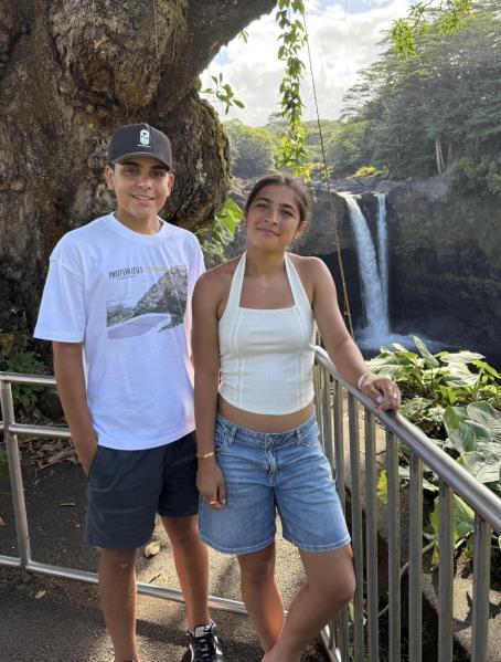 Siblings Mila and JP Russo pose at Rainbow Falls in Hilo, Hawaii, during a brief family vacation ahead of JP’s transplant. (Photo courtesy of the Russo family)
